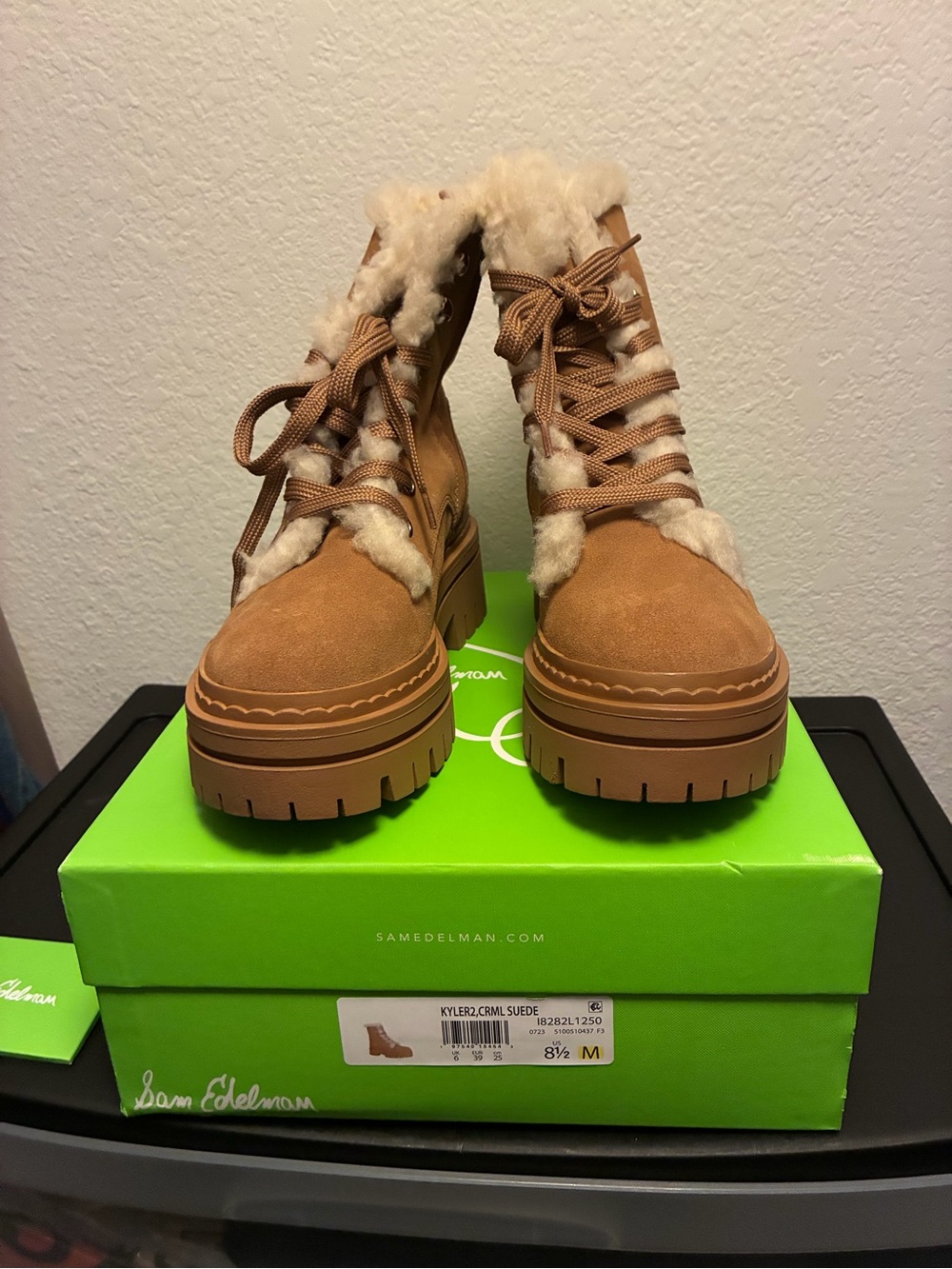 Sam Edelman Caramel Suede Shearling-Lined Lace-Up Platform Boots